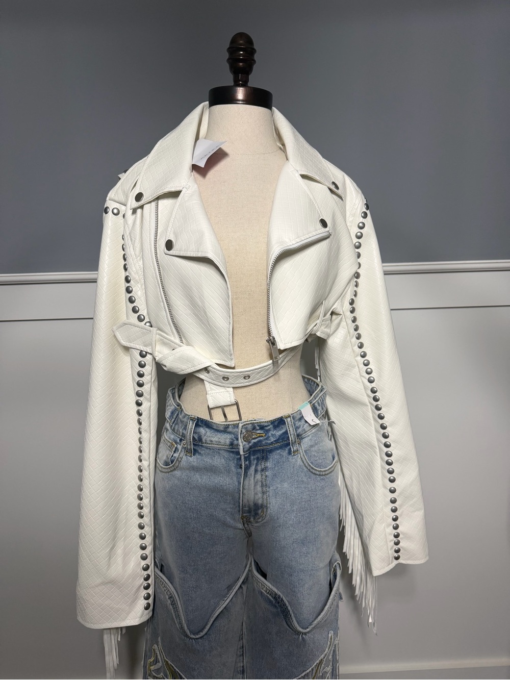 AKIRA White Studded Cropped Leather Moto Jacket